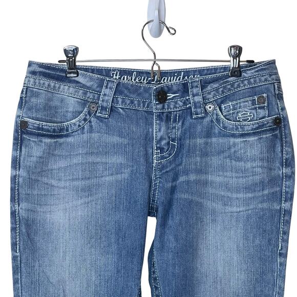 New Harley Davidson Low Rise Distressed Boot Cut Jeans Women 8 NWOT Pockets - Picture 4 of 11